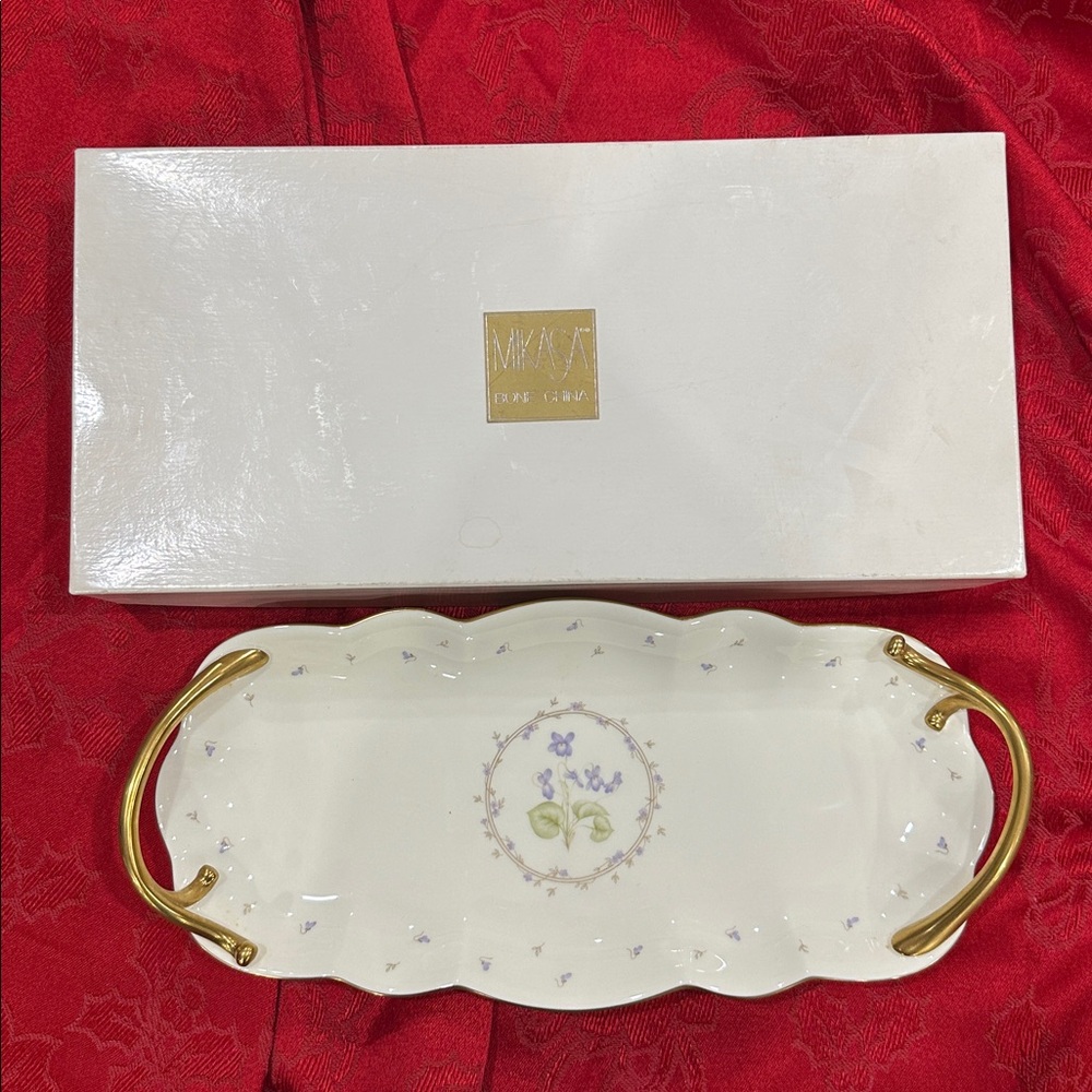 NWT Mikasa Bone China Floral Tray with Gold Accents